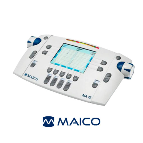 Портативный двухканальный аудиометр MAICO MA 42 в сером корпусе с цветным дисплеем и наушниками