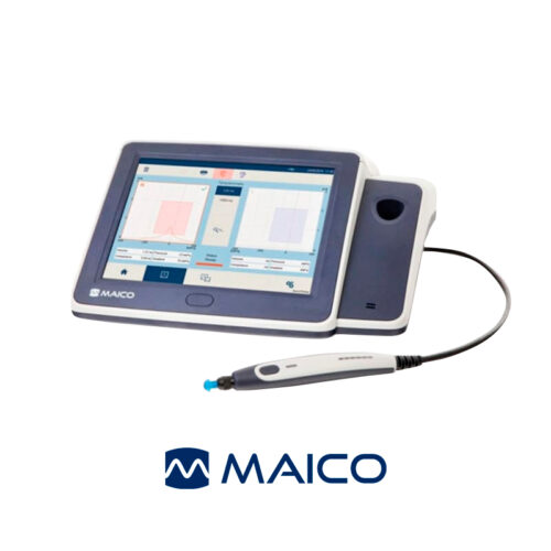 Портативный импедансометр touchTymp MI 24 от MAICO в белом корпусе с сенсорным дисплеем, измерительным зондом и наушником для подачи стимулирующего сигнала