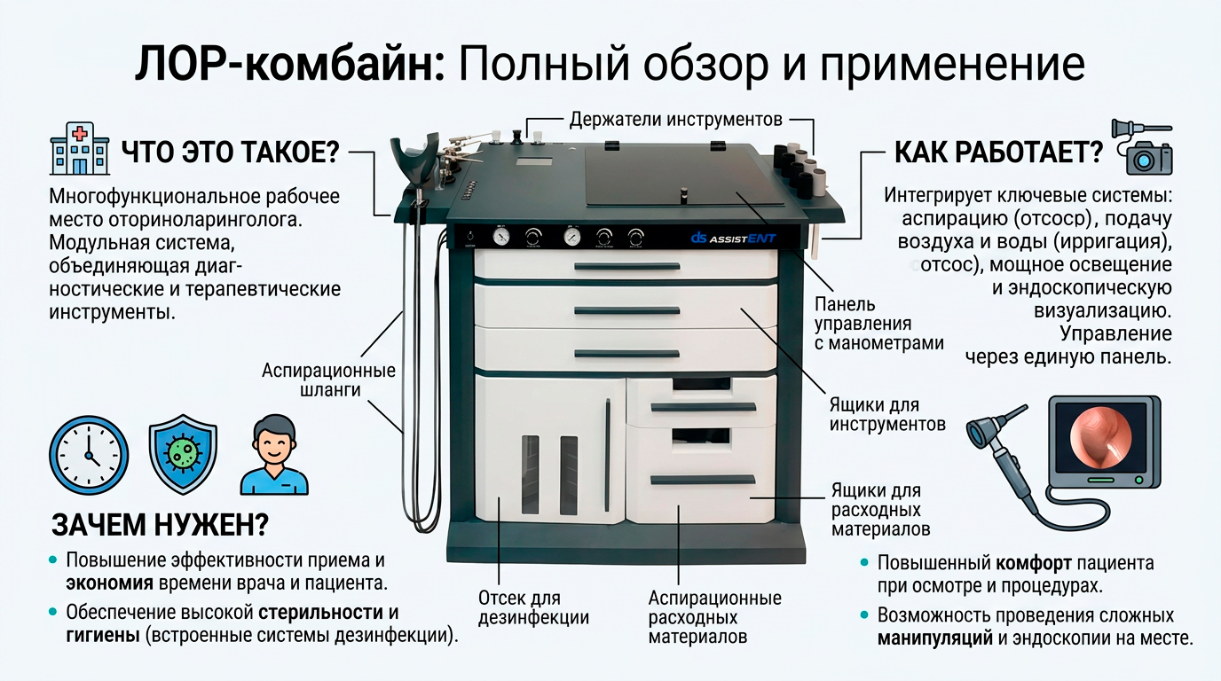 ЛОР-комбайн в кабинете врача: эндоскопия, промывание, инструменты